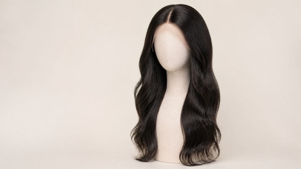 Natural black lace-front wig on a mannequin for a high-quality wig buying guide