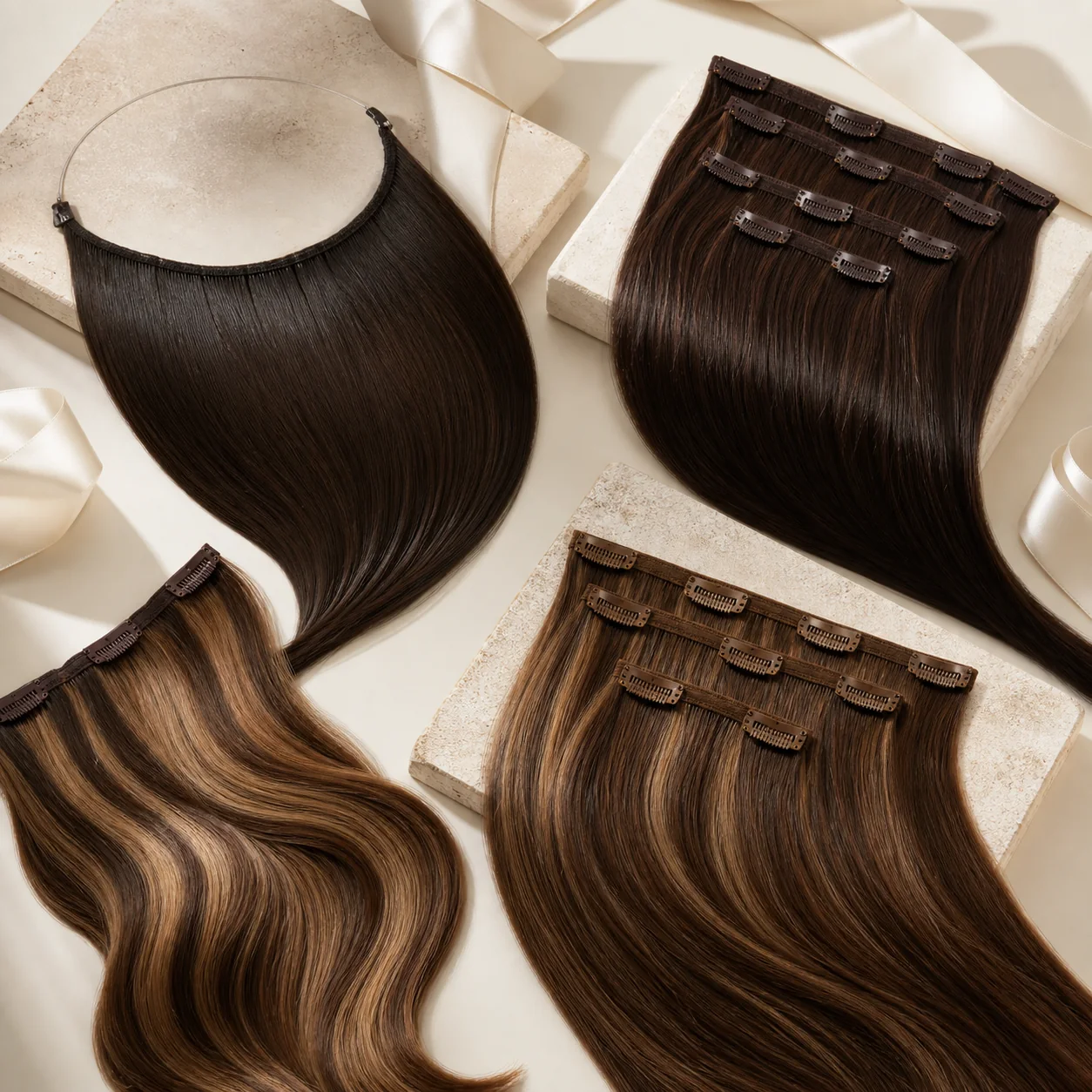 Halo and clip-in hair extensions in wearable brown shades