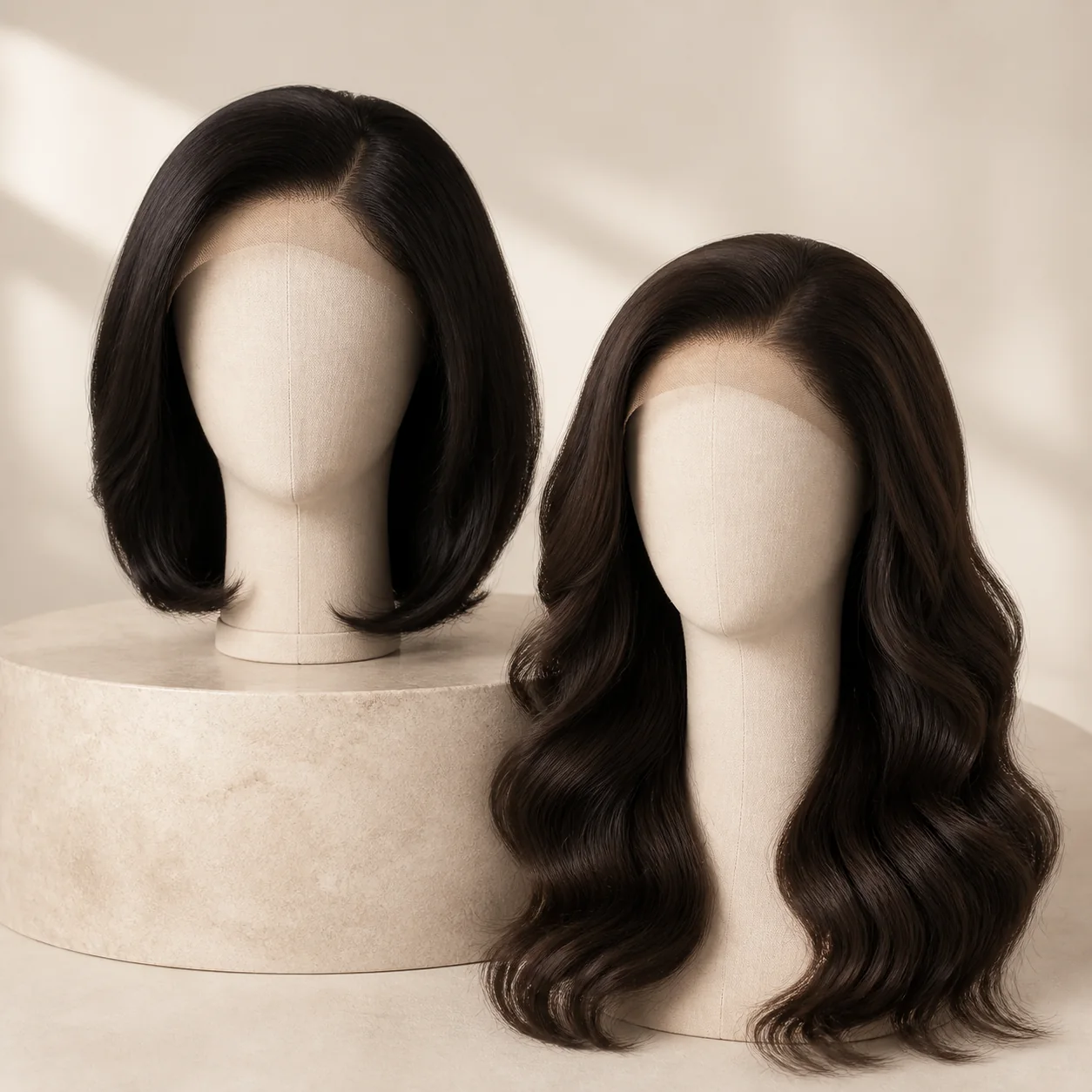 Natural-looking lace-front wigs on neutral mannequin heads