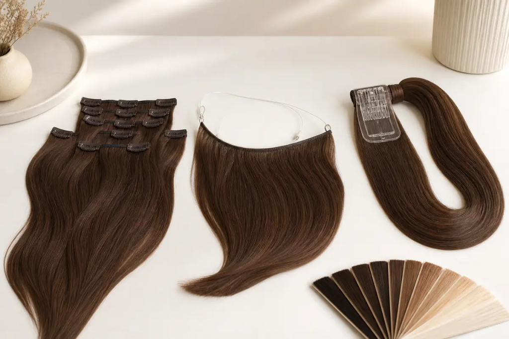 Wholesale clip-in halo and ponytail hair extension samples