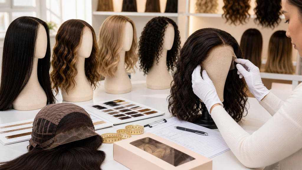 Wig manufacturer quality control inspection of lace wigs and samples